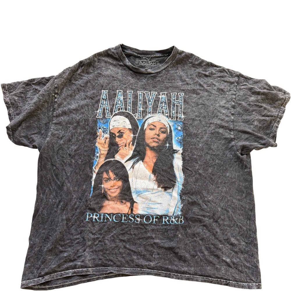 Aaliyah Men Princess of R&B Graphic T-Shirt XL Black Acid Wash Tee Hip Hop Retro - Picture 4 of 6